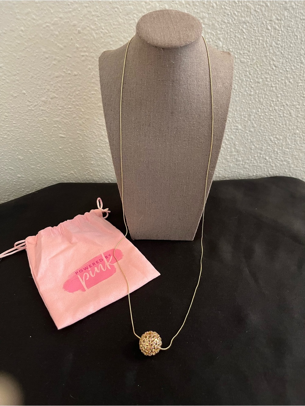 Vintage Mary Kay Powered by Pink Gold-tone Pave Ball Pendant Necklace